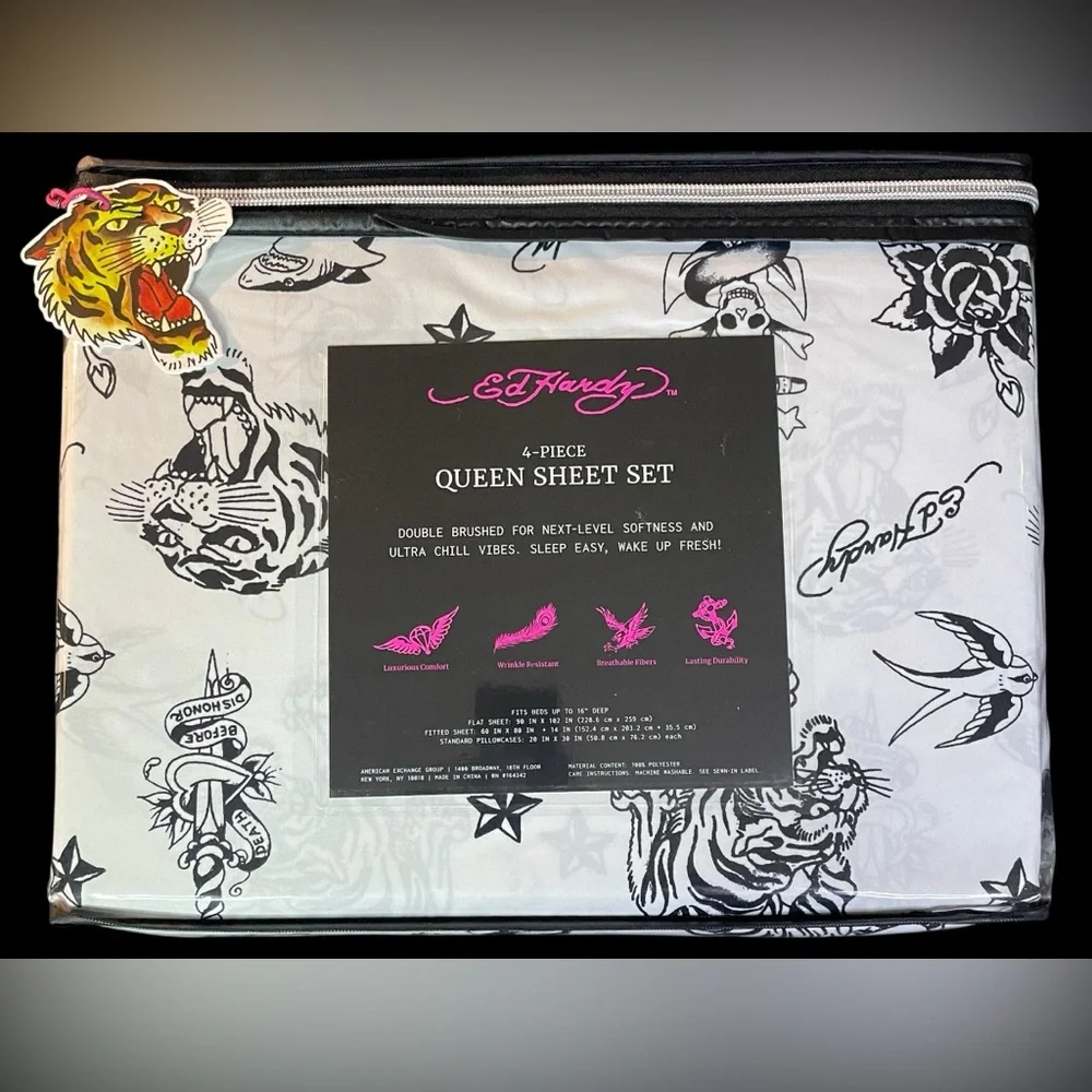 Ed Hardy Black White DP 4-pc Queen Sheet Set Tiger Skull Shark Bird Rose NEW NIP